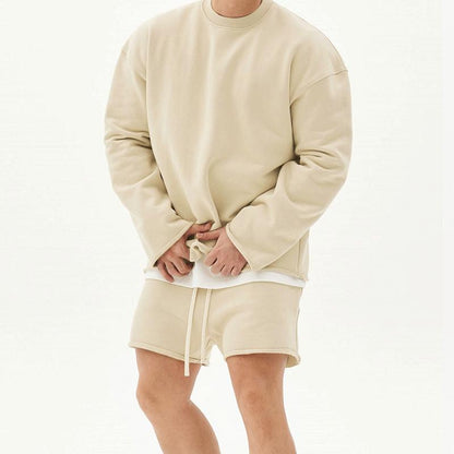 Men's Fashion Solid Color Loose Rolled Sweatshirt Shorts Set 80927036Z