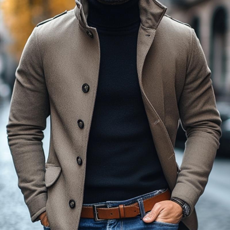 Men's Casual Wool Blend Lapel Single-breasted Slim Short Coat 85856791M