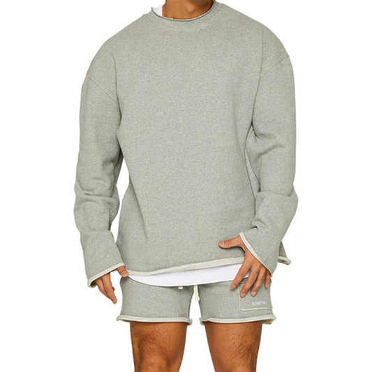 Men's Fashion Solid Color Loose Rolled Sweatshirt Shorts Set 47733694Z