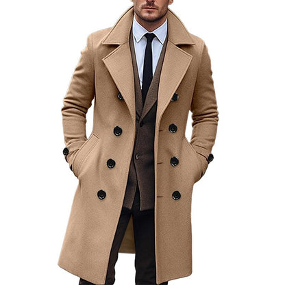 Men's Solid Notch Lapel Double Breasted Long Coat 41875162Z