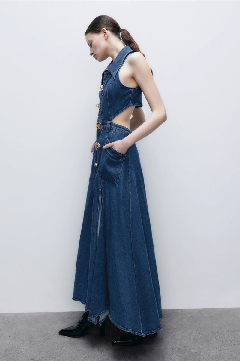 Regina Lapel Collar Cut-out Denim Maxi Dress