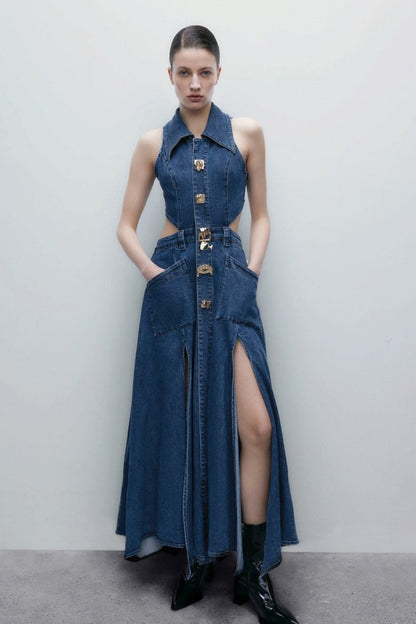 Regina Lapel Collar Cut-out Denim Maxi Dress